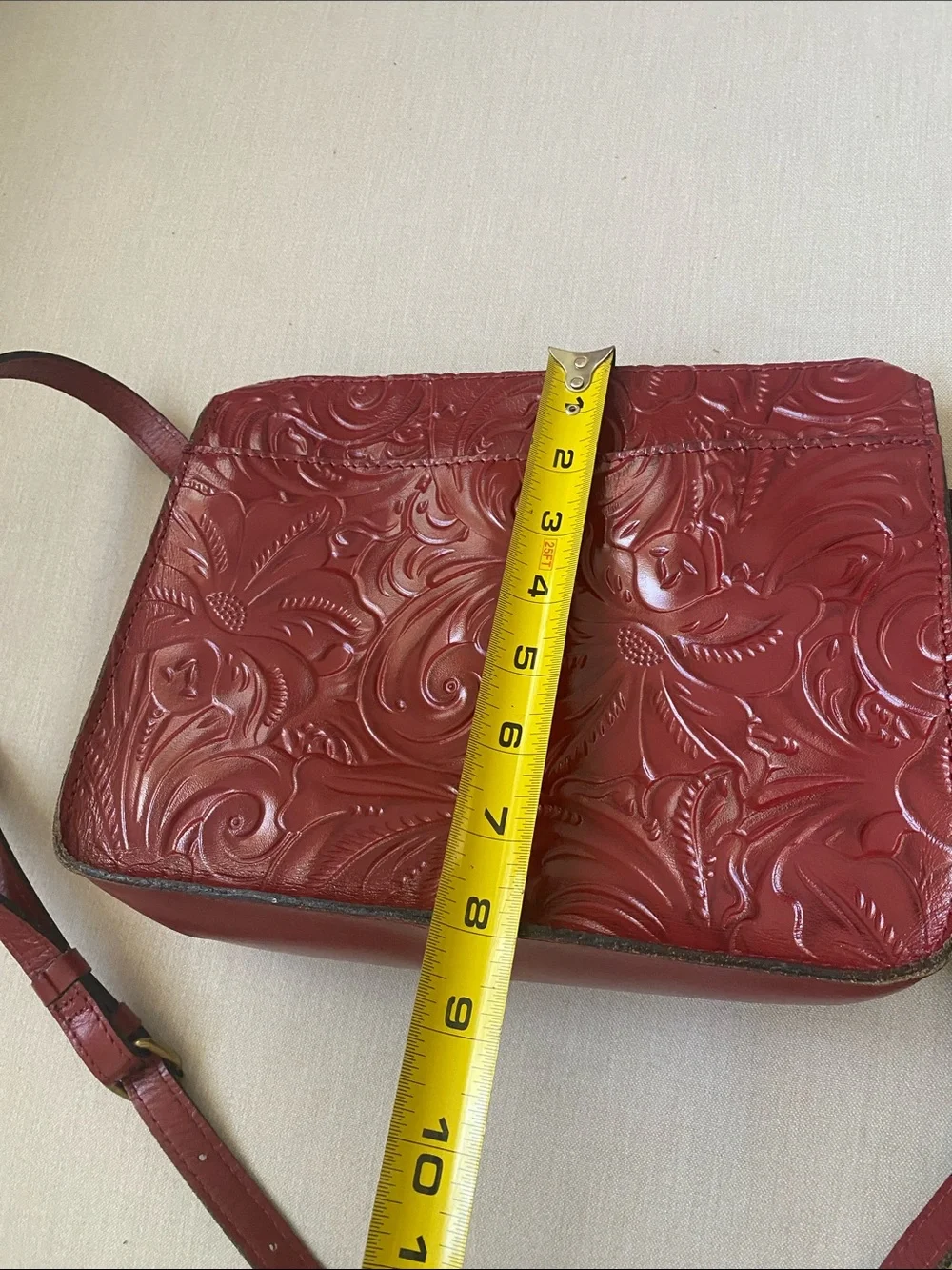 Patricia Nash Vallata Tooled Leather Crossbody Bag Ruby Red Floral 10x8x4